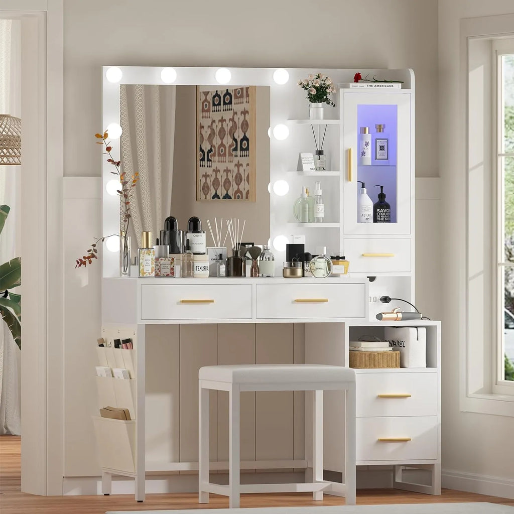 Makeup Vanity Desk with Mirror and Lights, White Vanity Table Set with Charging Station, LED Cabinet, 5 Drawers & Side Storage Bag, 3 Lighting Modes, Bedroom with Chair
