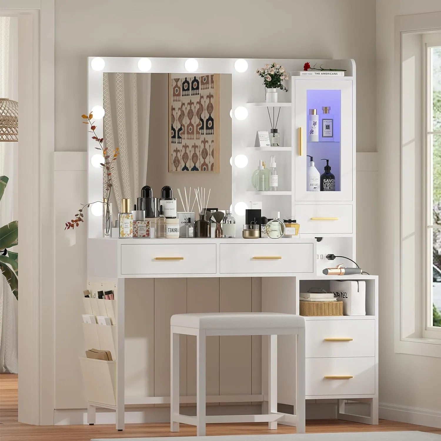 Makeup Vanity Desk with Mirror and Lights, White Vanity Table Set with Charging Station, LED Cabinet, 5 Drawers & Side Storage Bag, 3 Lighting Modes, Bedroom with Chair
