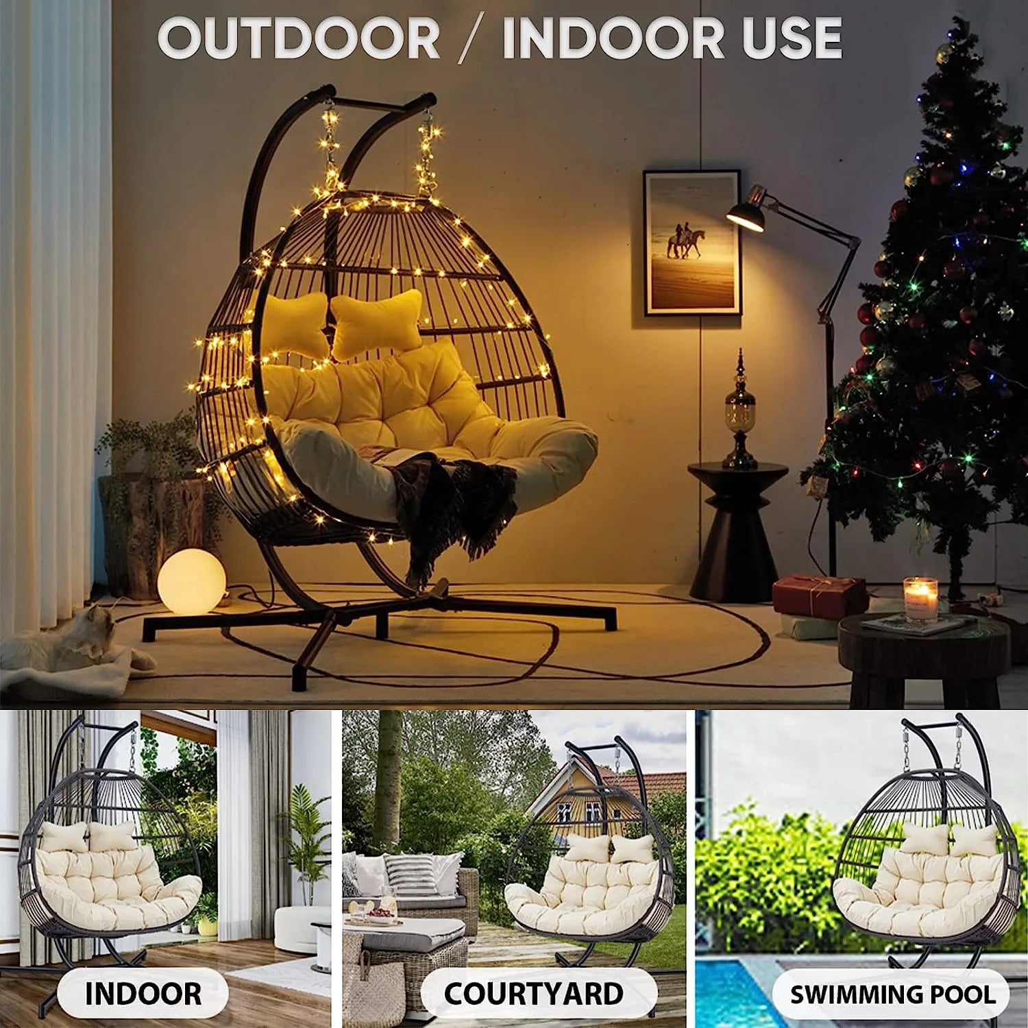 JOYBASE Hanging Egg Chair with Stand, Outdoor Wicker Rattan Egg Swing Chair with Stand and Cushion for Indoor Outdoor Bedroom Patio Garden (Grey/Black)