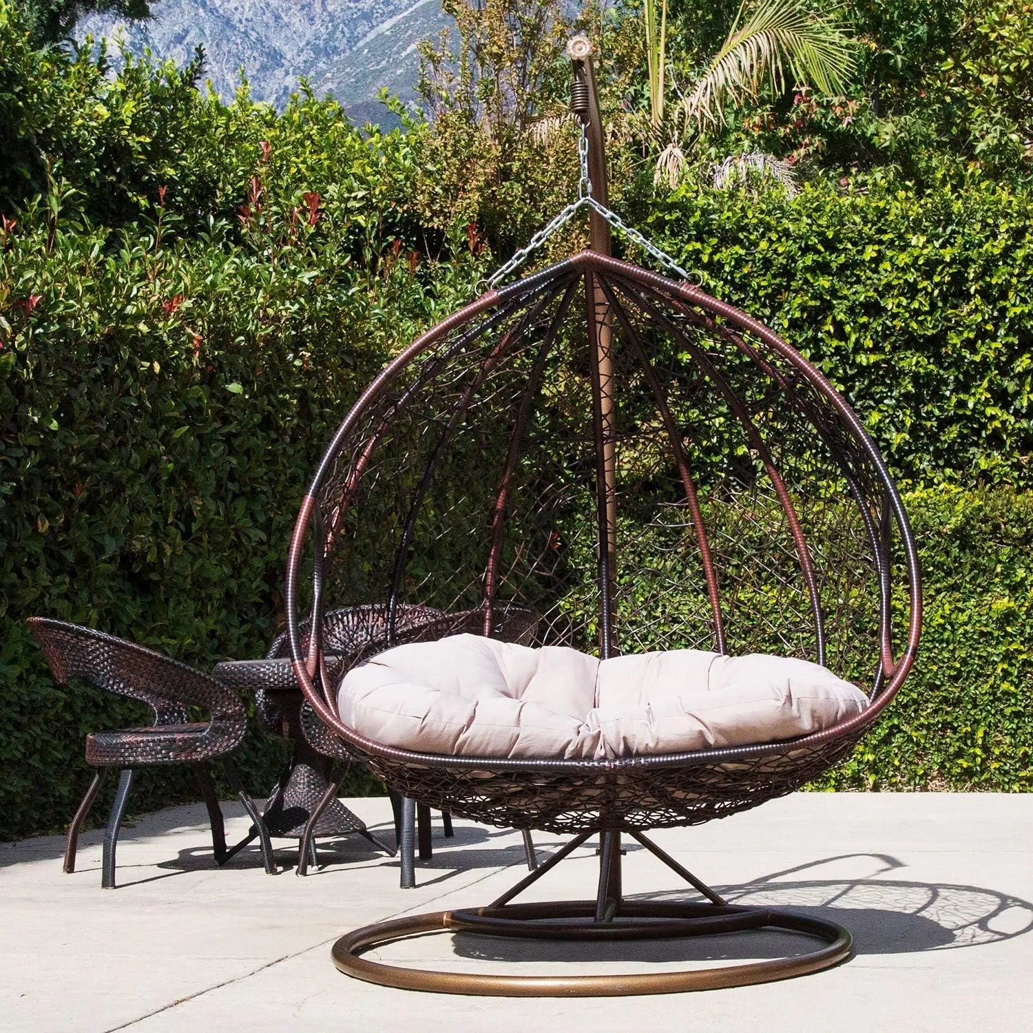 J.M.Deco Porch Swing Chair with Stand, Cushion & Pillow, Goldden Egg Rattan Wicker Swing Hanging Chair, Hammock Chair for Indoor, Outdoor, Garden, Backyard & Patio