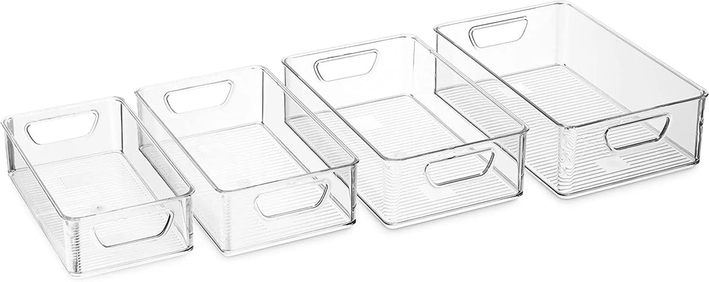 Set Of 16 Refrigerator Organizer Bins - Plastic Pantry Organization and Storage Baskets - Stackable Food Fridge Organizers with Cutout Handles for Freezer, Kitchen, Countertops, Cabinets