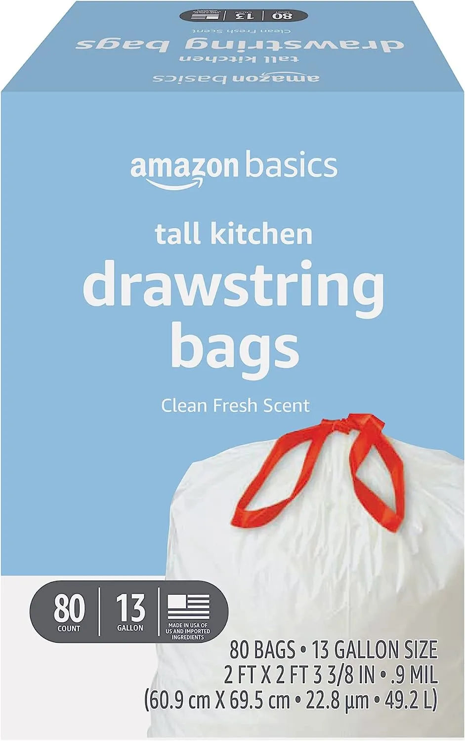 Amazon Basics Tall Kitchen Drawstring Trash Bags, 13 Gallon, Unscented, 120 Count (Previously Solimo)