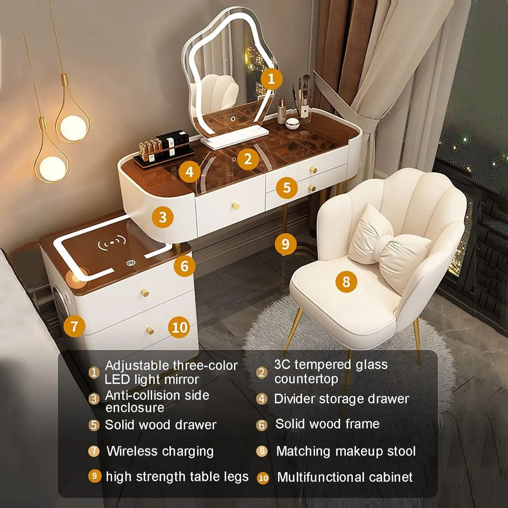 Make-up Set with Charging Station, Makeup Mirror, Large Dressing Table with 3-Colour Adjustable Touch Light, Bluetooth Speaker, Padded Stool for Women and Girls