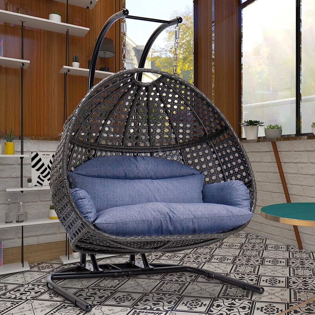 JOYBASE Hanging Egg Chair with Stand, Outdoor Wicker Rattan Egg Swing Chair with Stand and Cushion for Indoor Outdoor Bedroom Patio Garden (Grey/Black)