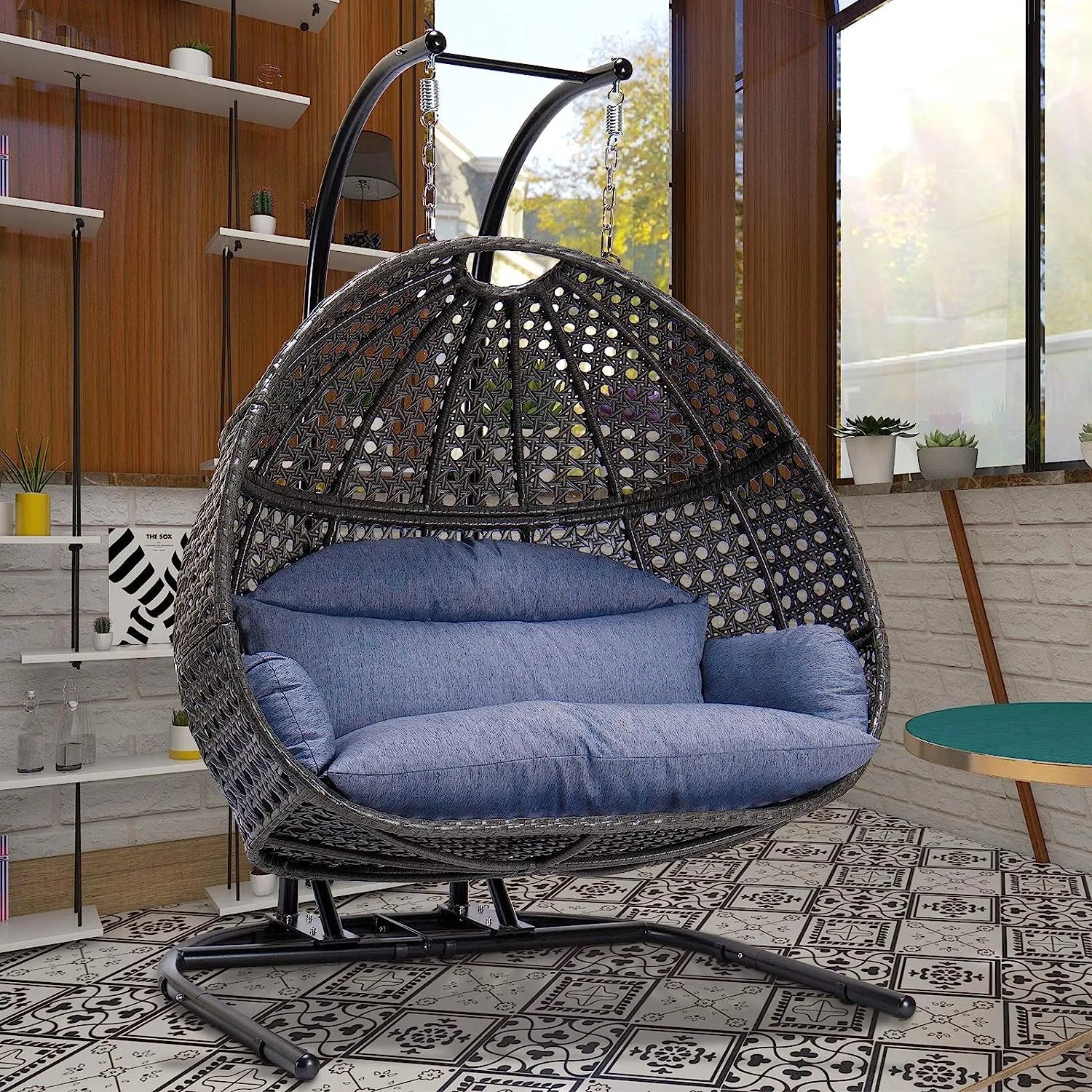 JOYBASE Hanging Egg Chair with Stand, Outdoor Wicker Rattan Egg Swing Chair with Stand and Cushion for Indoor Outdoor Bedroom Patio Garden (Grey/Black)