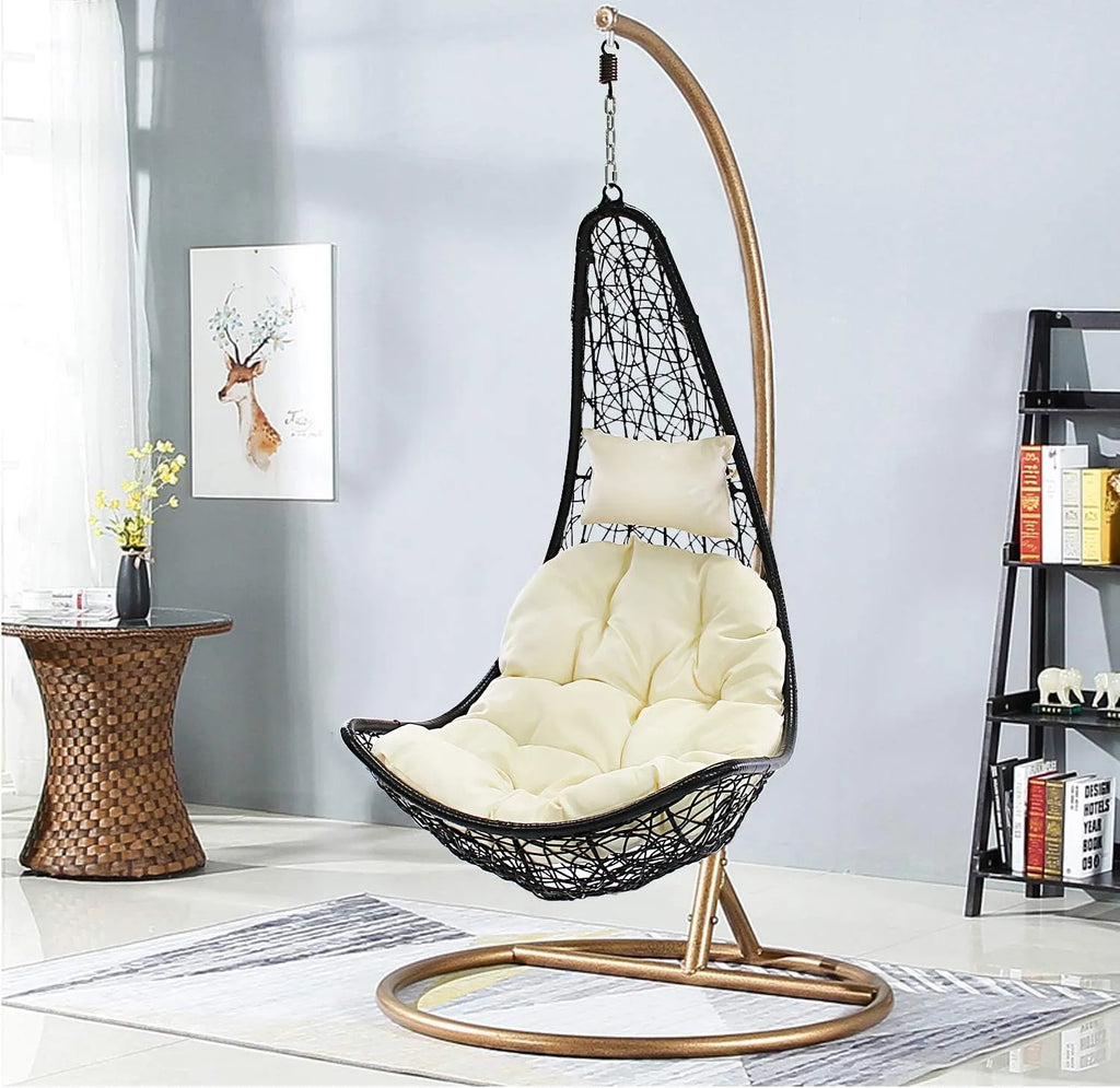 J.M.Deco Porch Swing Chair with Stand, Cushion & Pillow, Goldden Egg Rattan Wicker Swing Hanging Chair, Hammock Chair for Indoor, Outdoor, Garden, Backyard & Patio