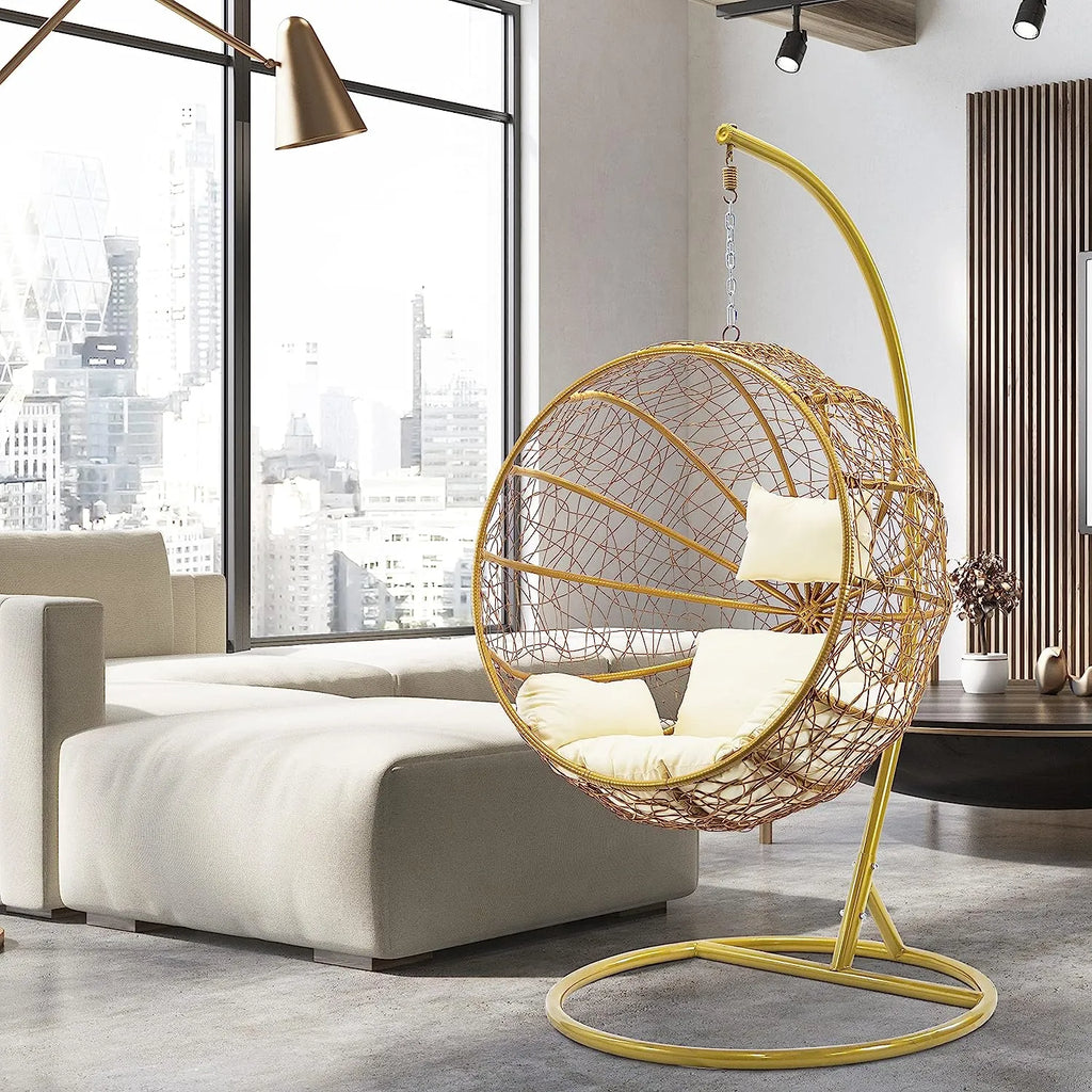 J.M.Deco Porch Swing Chair with Stand, Cushion & Pillow, Goldden Egg Rattan Wicker Swing Hanging Chair, Hammock Chair for Indoor, Outdoor, Garden, Backyard & Patio