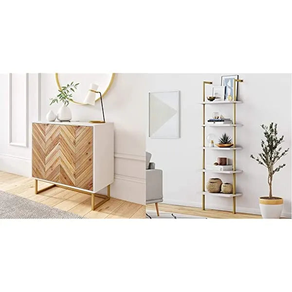 Nathan James Enloe Modern Storage, Free Standing Accent Cabinet with Doors in a Rustic Fir Wood Finish Powder-coated Metal Base for Hallway, Entryway or Living Room, White/Gold