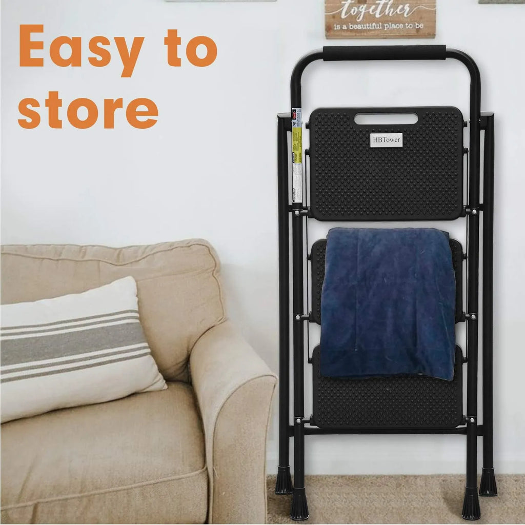 3 Step Ladder, Folding Step Stool with Wide Anti-Slip Pedal, 500lbs Sturdy Steel Ladder, Convenient Handgrip, Lightweight, Portable Steel Step Stool, Black