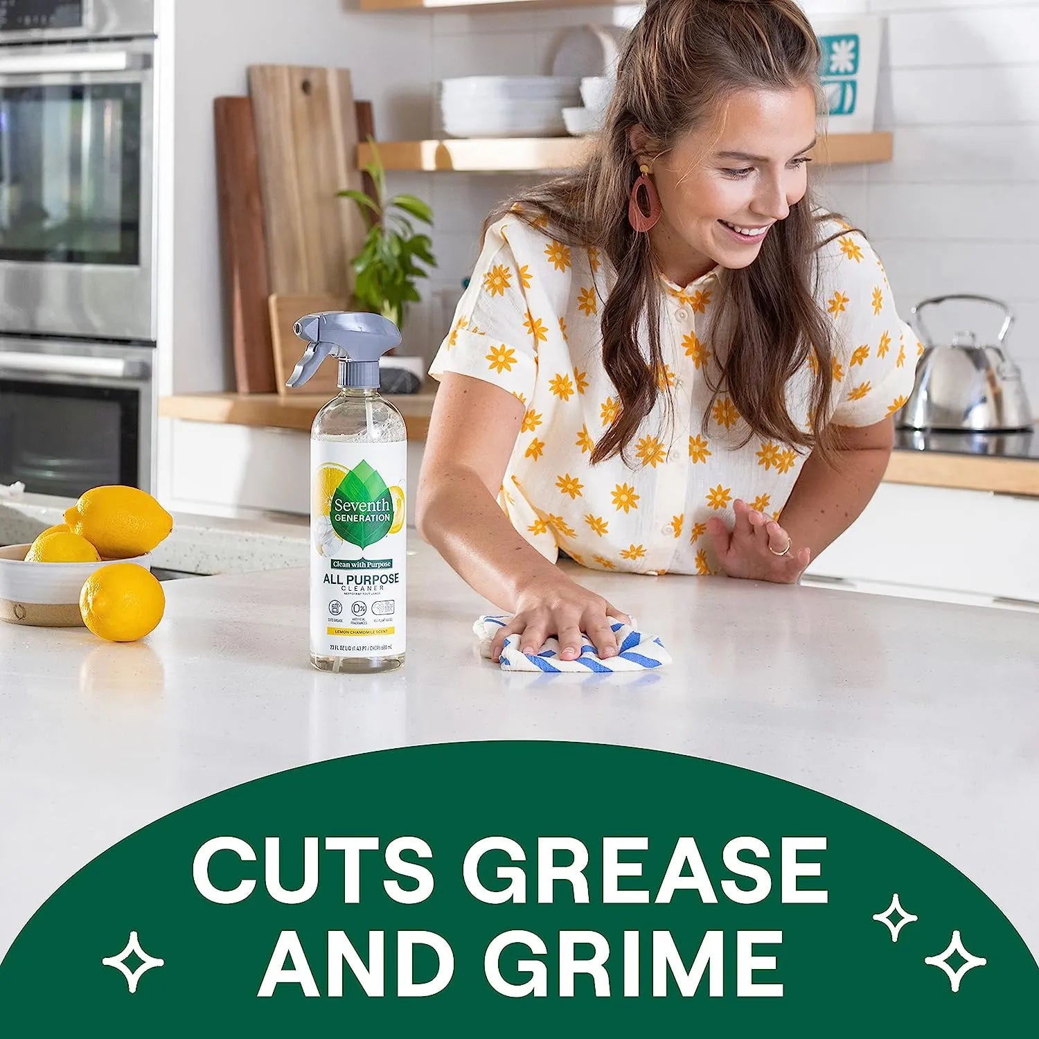 Seventh Generation All Purpose Cleaning Spray Surface Cleaner Lemon Chamomile scent Cuts Grease 23 oz, Pack of 4