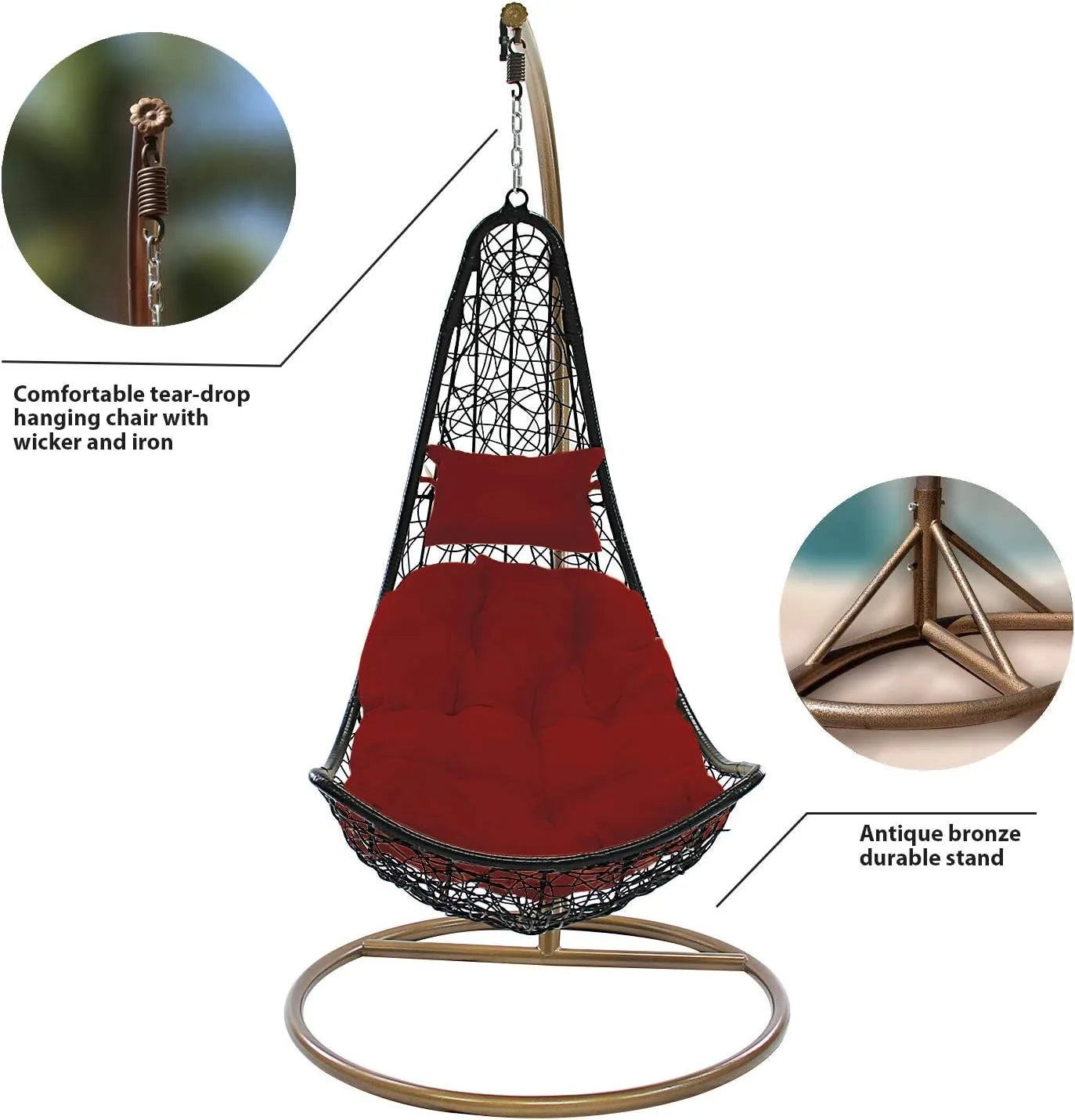 J.M.Deco Porch Swing Chair with Stand, Cushion & Pillow, Goldden Egg Rattan Wicker Swing Hanging Chair, Hammock Chair for Indoor, Outdoor, Garden, Backyard & Patio