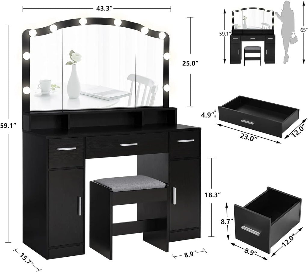 usikey Large Vanity Set with Large Lighted Mirror, Modern Makeup Vanity Table with 3 Drawers, 2 Storage Cabinets & 10 LED Bulbs, Dressing Table with Cushioned Stool for Women, Bedroom, Black