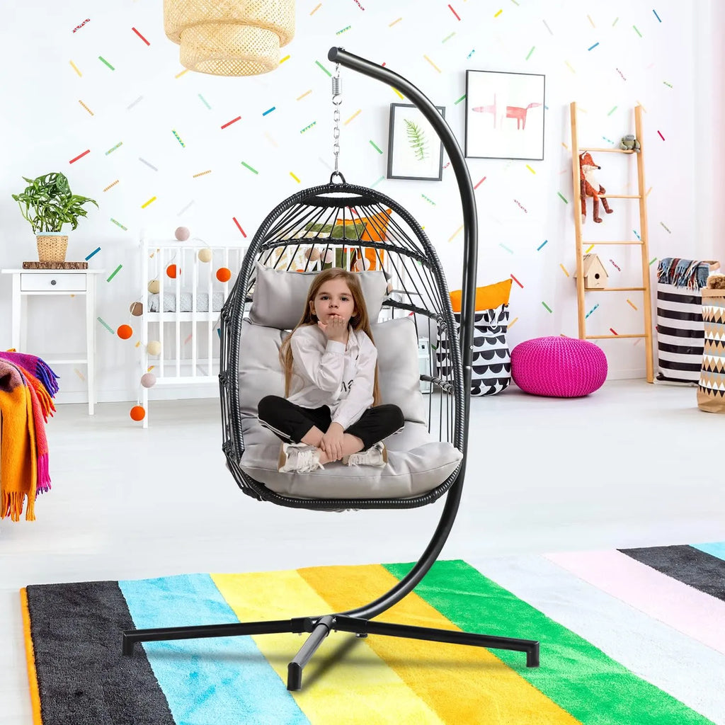 PRIVATE GARDEN Large Hanging Egg Chair with Stand Upgraded Wicker Egg Swing Chair Outdoor Indoor PE Rattan Hanging Chair with Grey Comfort Cushion Heavy Duty C-Stand