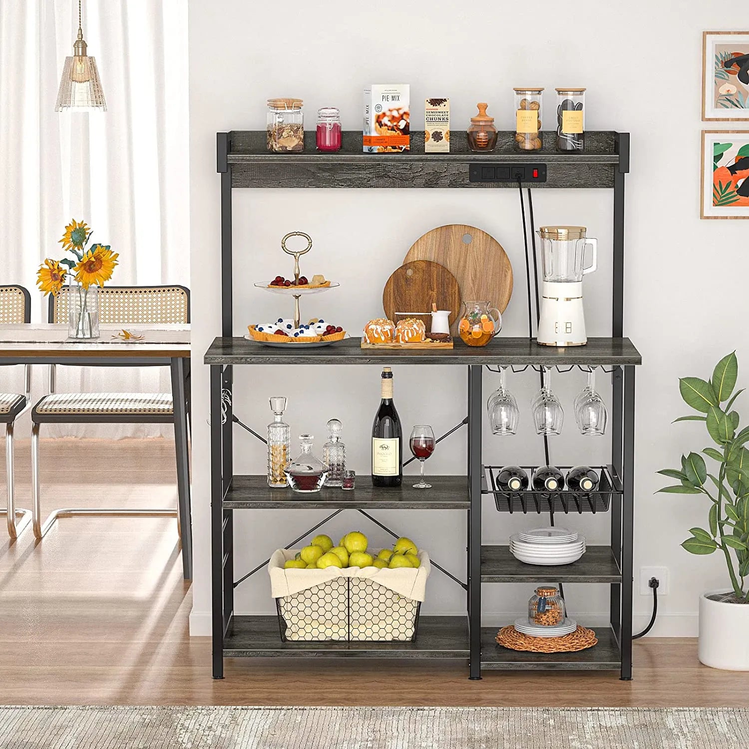 Bakers Rack with Power Outlet, Microwave Stand, Kitchen Storage Shelf with Wire Basket, Coffee Bar Station with Wine Glass Holder, 35.4" Kitchen Rack for Spices, Pots, and Pans