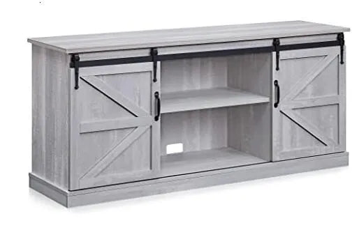 BELLEZE Modern Farmhouse TV Stand & Media Entertainment Center Console Table for TVs up to 65 Inch with Sliding Barn Door and Storage Cabinets - Truman (Stone Grey)
