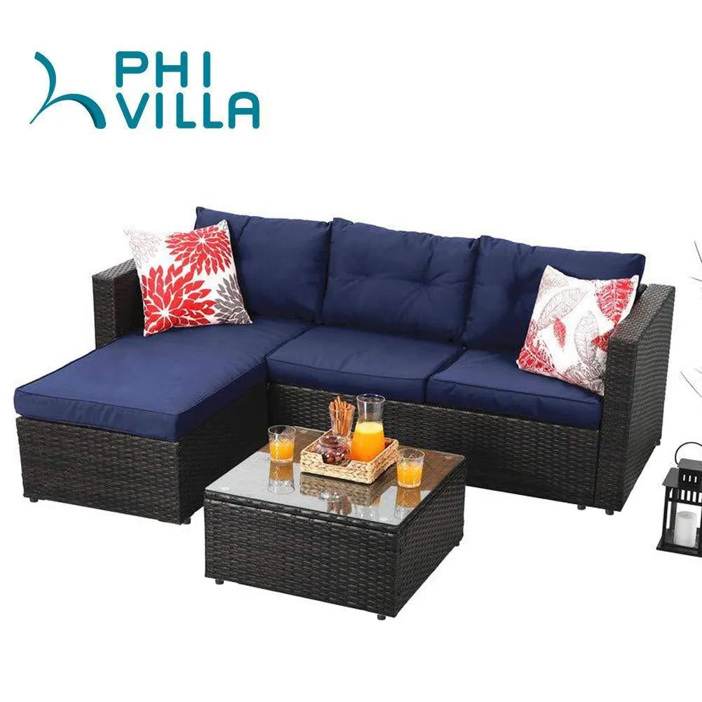 3-Piece Patio L-Shaped Rattan Sectional Sofa Set With Cushions