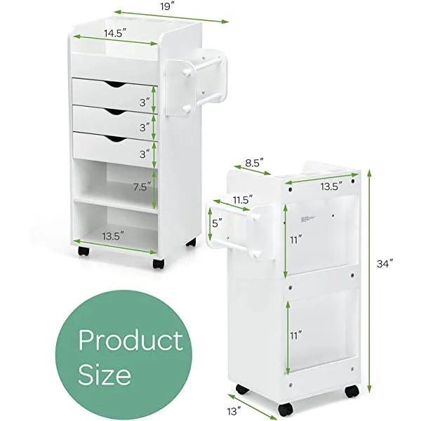 Tangkula Rolling Storage Drawer Cart, Wooden Utility Cart w/ 3 Drawers, 3 Shelves, 3 Slots and 2 Dowels, Organizer Cabinet w/ Lockable Casters, Mobile Cart for Study, Living Room, Office, White