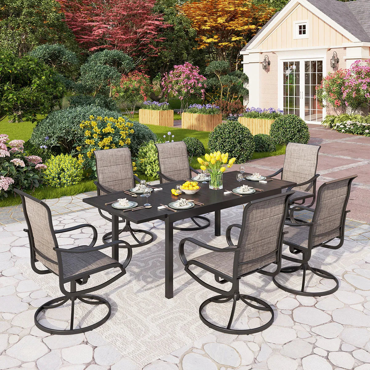 7-Piece/9-Piece Outdoor Patio Dining Set with Adjustable Table & Padded Textilene Swivel Chairs
