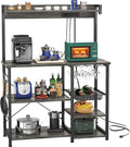 Bakers Rack with Power Outlet, Microwave Stand, Kitchen Storage Shelf with Wire Basket, Coffee Bar Station with Wine Glass Holder, 35.4" Kitchen Rack for Spices, Pots, and Pans