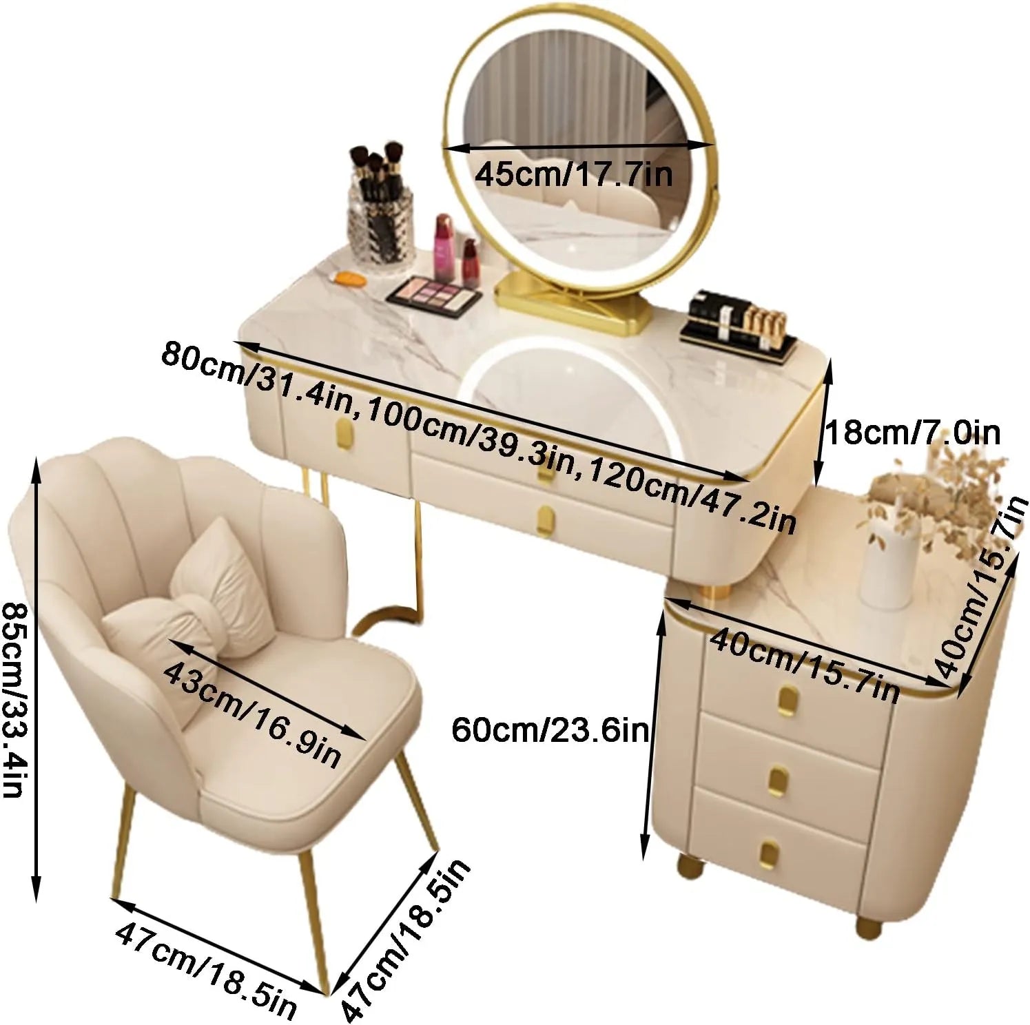 BUJOG Dressing Table with Lighted Mirror, Dressing Table with Padded Stool and 6 Drawers, Dressing Table Set with 3 Colour Lighting Modes, Storage Shelves for Girls and Women Bedrooms