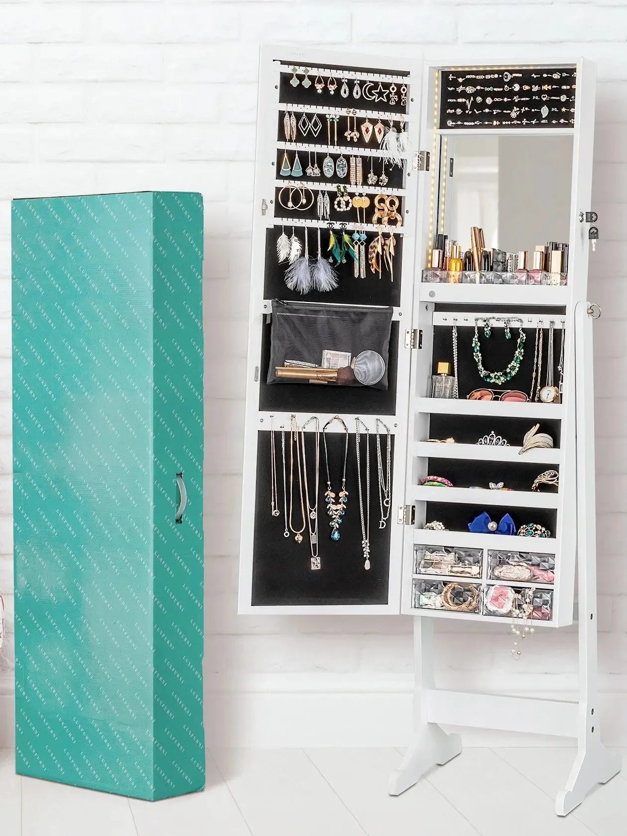 Stella 6 Standing Jewelry Armoire Full Length Mirror With Built-in Lights ?White