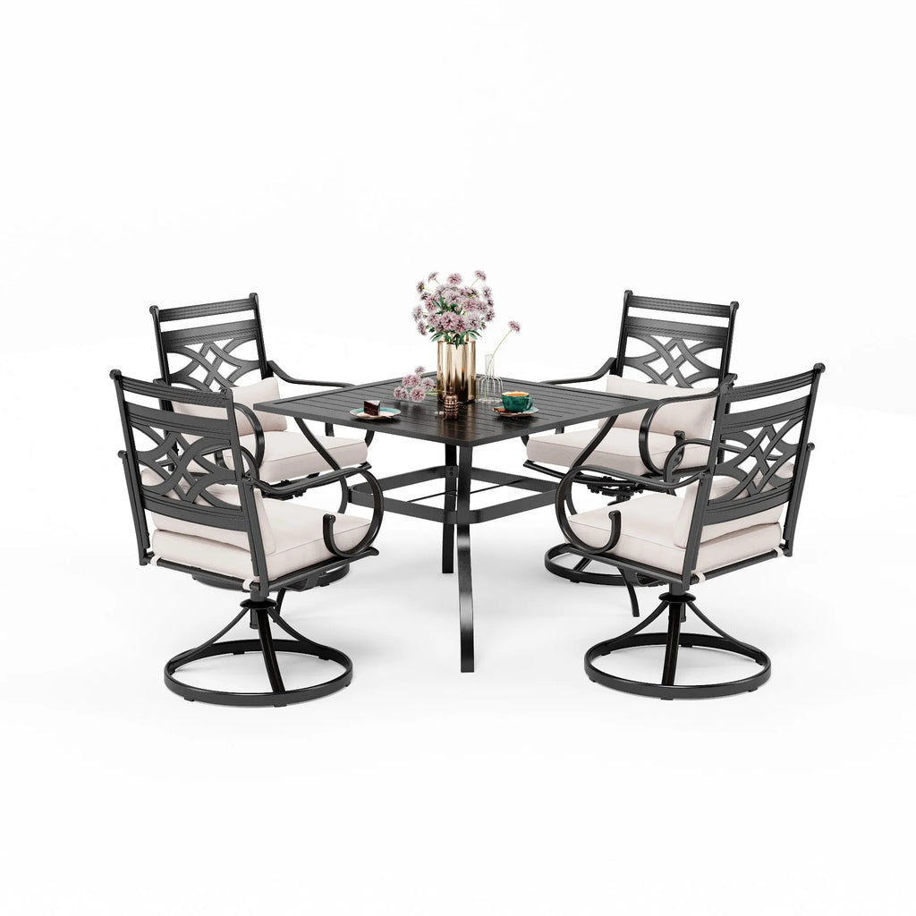 5-Piece Outdoor Dining Set 4 Swivel Steel Chairs and Square Table