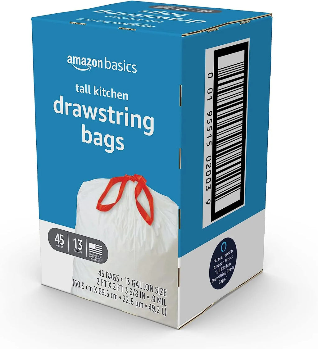 Basics Tall Kitchen Drawstring Trash Bags, 13 Gallon, Unscented, 120 Count (Previously Solimo)
