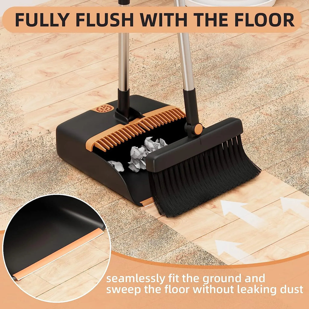 Broom and Dustpan Set, Cleaning Supplies Broom and Dustpan Set for Home, 48" Long Stainless Steel Handle Brooms with Upright Dustpan Combo Set for Home Office Kitchen Lobby Floor Cleaning