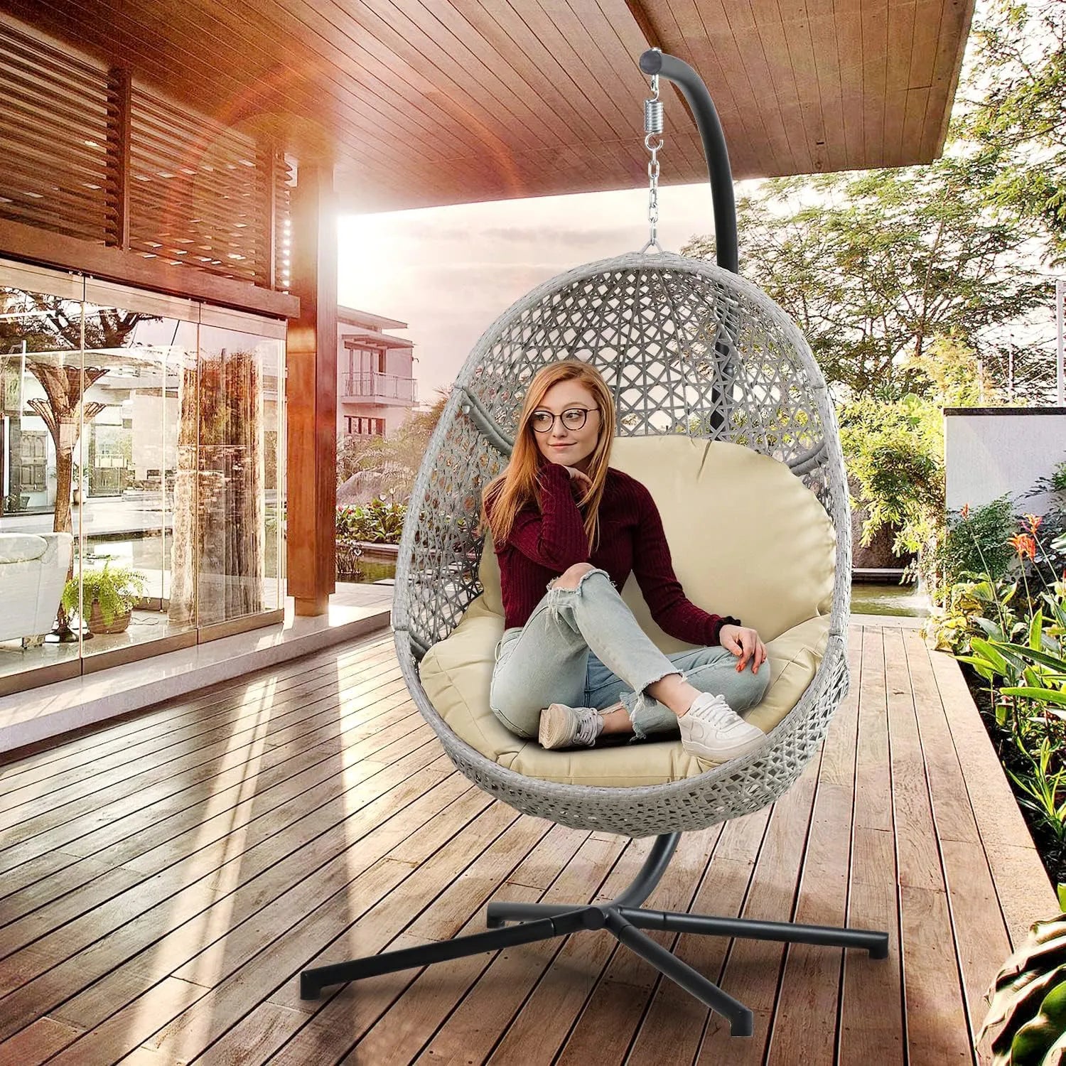 PRIVATE GARDEN Large Hanging Egg Chair with Stand Upgraded Wicker Egg Swing Chair Outdoor Indoor PE Rattan Hanging Chair with Grey Comfort Cushion Heavy Duty C-Stand