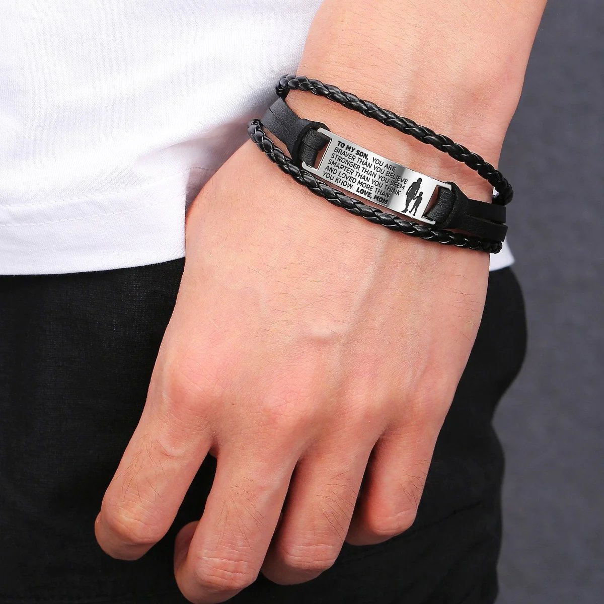 From Mom to Son - Steel & Leather Style Bracelet