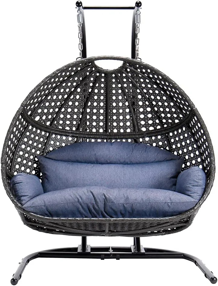 Hanging Egg Chair with Stand, 2 Person Heavy Duty Hanging Wicker Rattan Swing Chair Basket Hammock Nest Chair Seat for Indoor Outdoor Patio Lounger Swinging Loveseat (Beige)