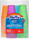 Hefty Party On Disposable Plastic Cups, Assorted, 16 Ounce, 100 Count
