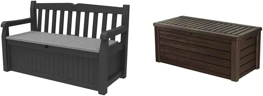 Keter Solana 70 Gallon Storage Bench Deck Box for Patio Furniture, Front Porch Decor and Outdoor Seating – Perfect to Store Garden Tools and Pool Toys,Brown/Brown