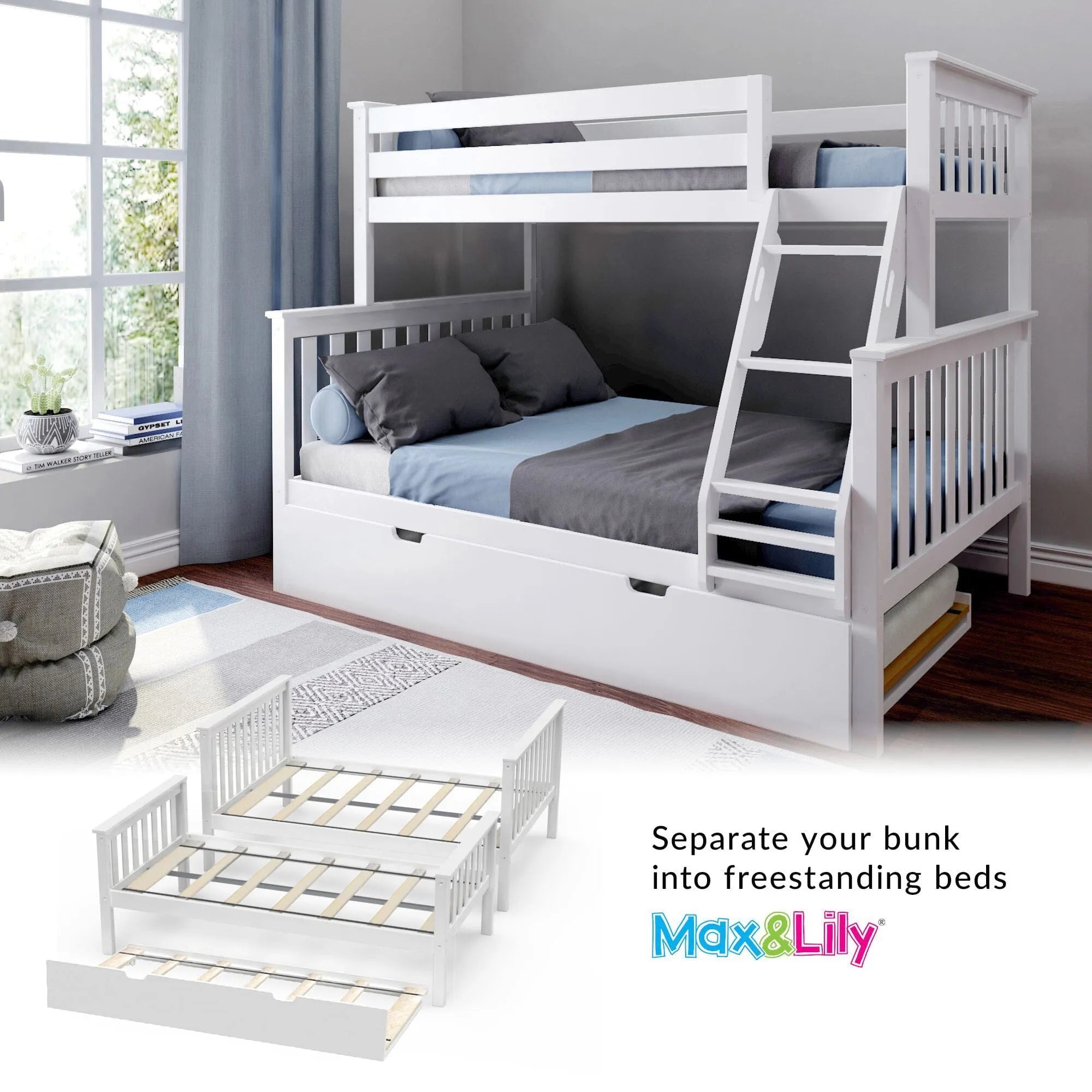 🎄Store Closing Sale💖Kids Solid Wood Twin-Over-Full Bunk Bed + Trundle Bed