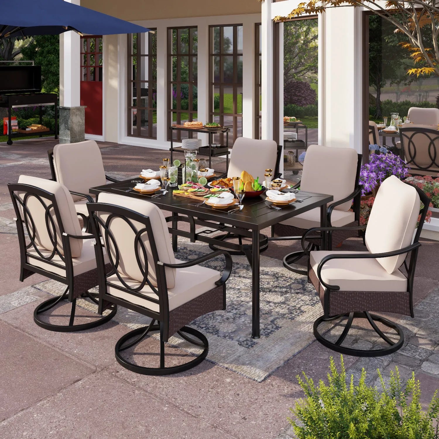 7-Piece Patio Dining Set With 6 Cushioned Steel & Rattan Chairs and Rectangle Table
