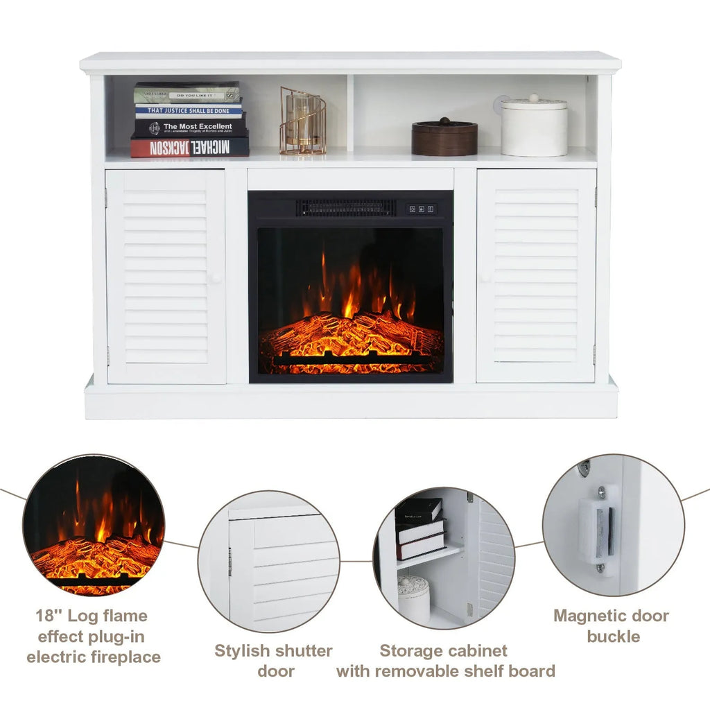 47" 1400W Electric Fireplace TV Stand Heater with Built-In Bookshelves and Cupboards - White