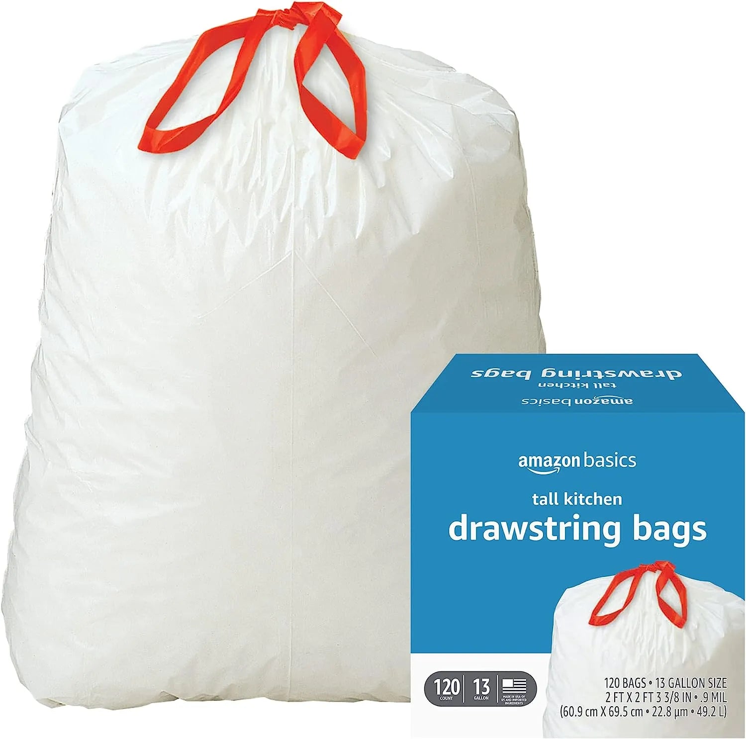 Basics Tall Kitchen Drawstring Trash Bags, 13 Gallon, Unscented, 120 Count (Previously Solimo)