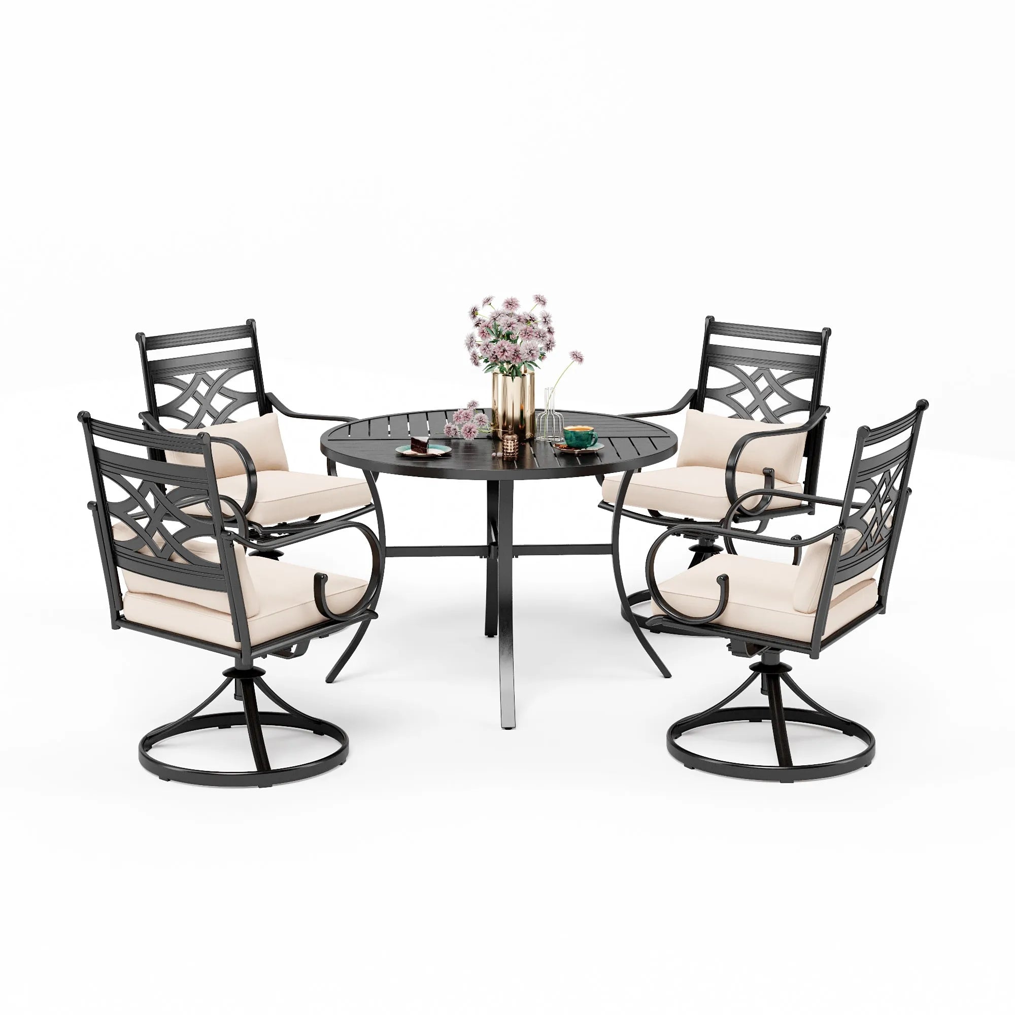 5-Piece Outdoor Dining Set 4 Swivel Steel Chairs and Square Table