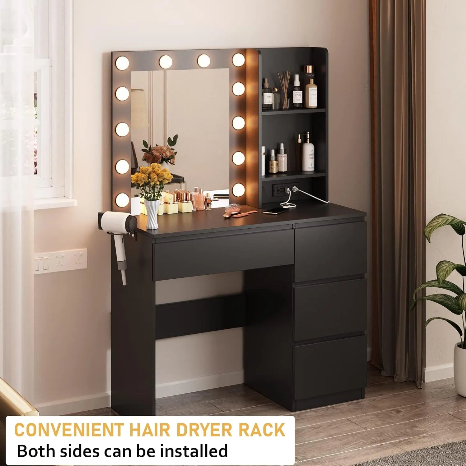 Vabches Makeup Vanity with Lights, 37inch Vanity Desk with Power Strip, 4 Drawers Makeup Table with Lighted Mirror, 3 Lighting Colors, White