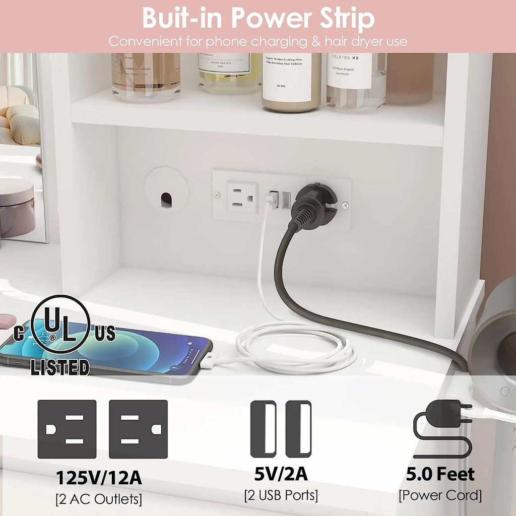 Vabches Makeup Vanity with Lights, 37inch Vanity Desk with Power Strip, 4 Drawers Makeup Table with Lighted Mirror, 3 Lighting Colors, White