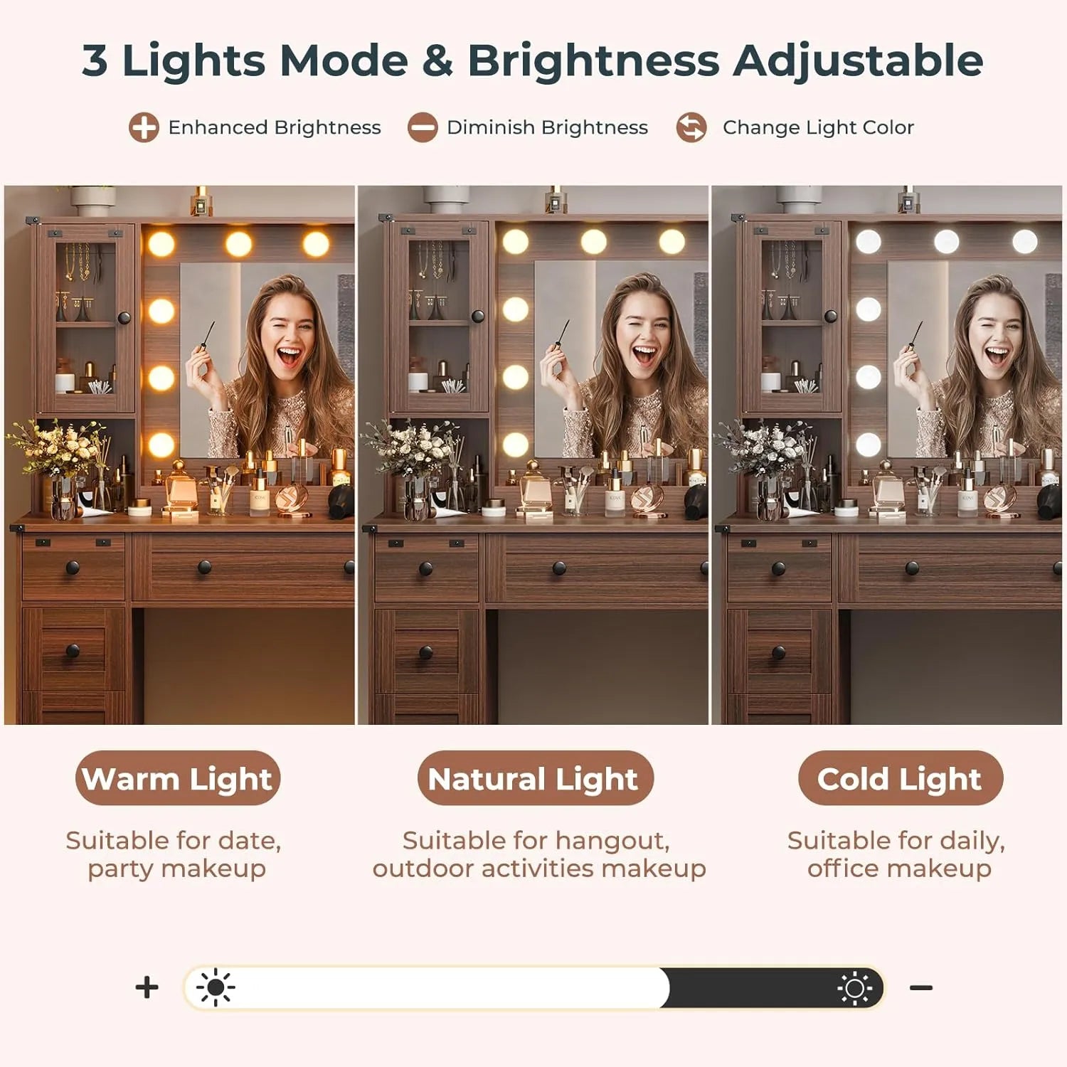 DICTAC Farmhouse Makeup Vanity Desk with Mirror and Lights, Large Vanity Table with Charging Station, 43'' Bedroom Dressing Table with 6 Drawers & 2 Cabinets, 3 Color Lighting Modes, Brown