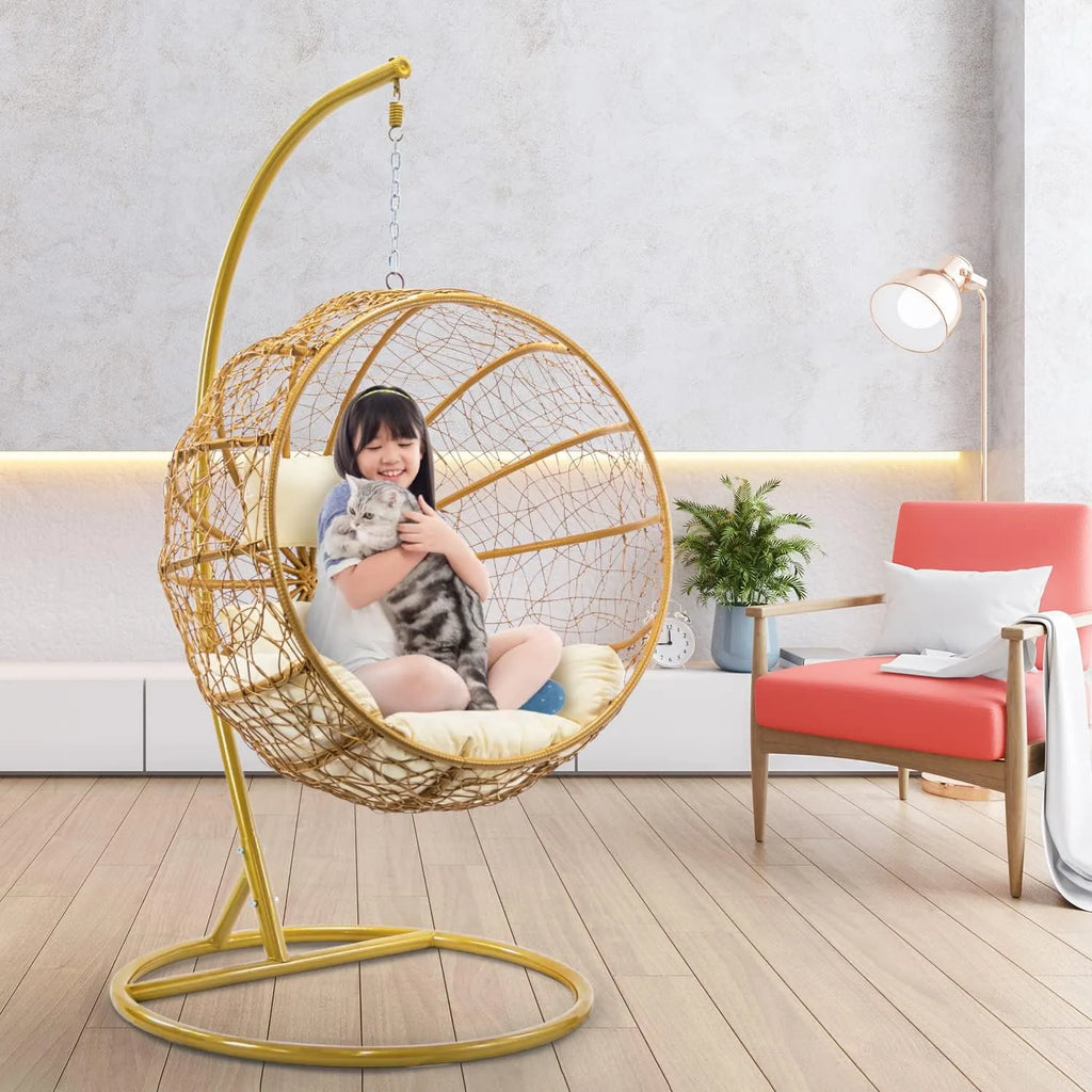 J.M.Deco Porch Swing Chair with Stand, Cushion & Pillow, Goldden Egg Rattan Wicker Swing Hanging Chair, Hammock Chair for Indoor, Outdoor, Garden, Backyard & Patio