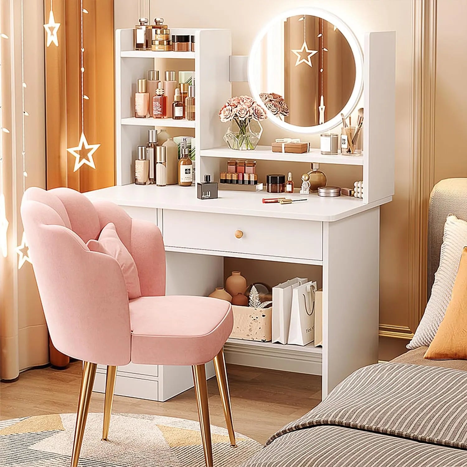 Makeup Vanity - Vanity Table with Three Adjustable Mirror Lightings, Added Storage Shelf, Multiple Chairs, Makeup Table for Bedroom