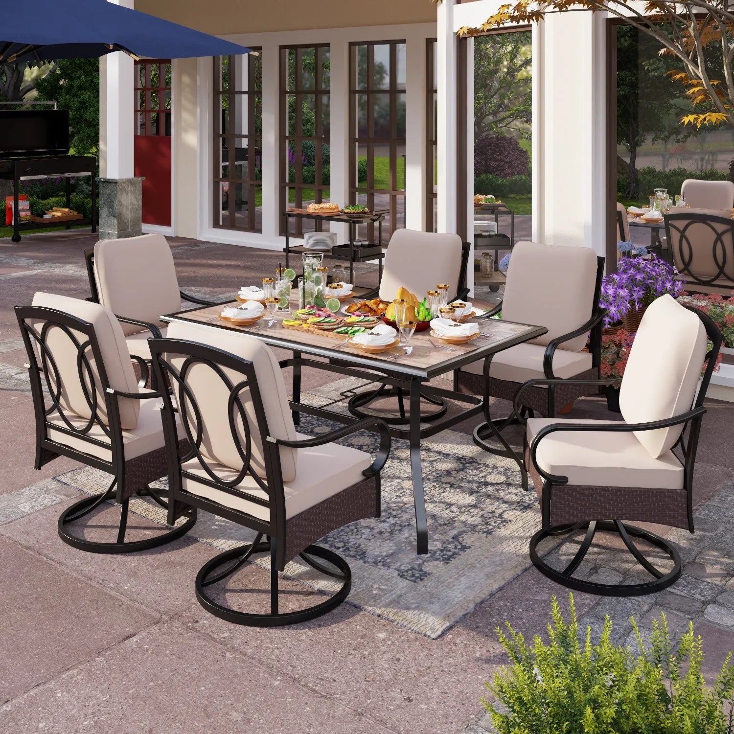 7-Piece Patio Dining Set With 6 Cushioned Steel & Rattan Chairs and Rectangle Table
