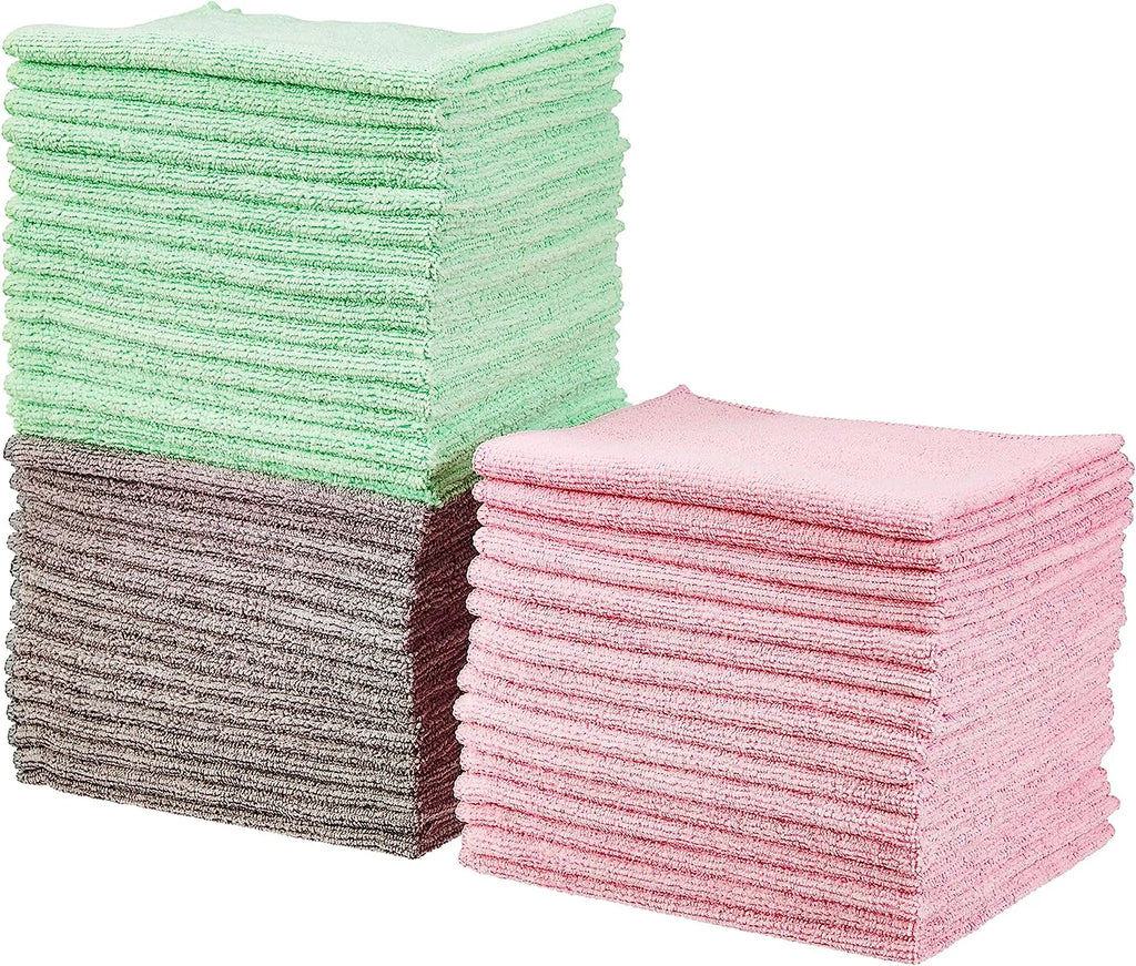 Basics Microfiber Cleaning Cloth, Non-Abrasive, Reusable and Washable, Pack of 48, Green/Gray/Pink, 16" x 12"