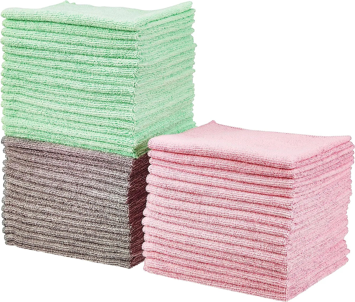Basics Microfiber Cleaning Cloth, Non-Abrasive, Reusable and Washable, Pack of 48, Green/Gray/Pink, 16" x 12"