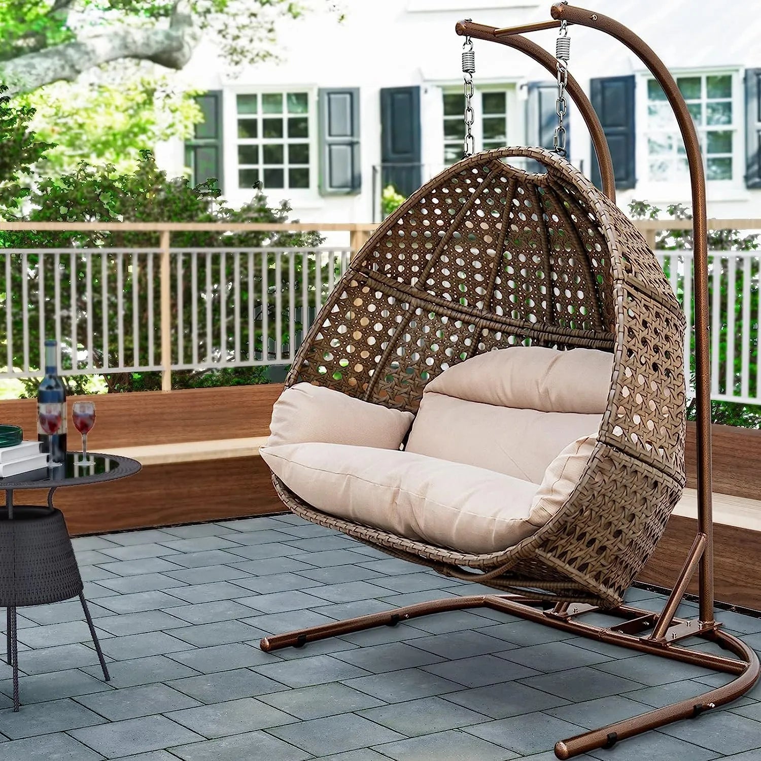 JOYBASE Hanging Egg Chair with Stand, Outdoor Wicker Rattan Egg Swing Chair with Stand and Cushion for Indoor Outdoor Bedroom Patio Garden (Grey/Black)