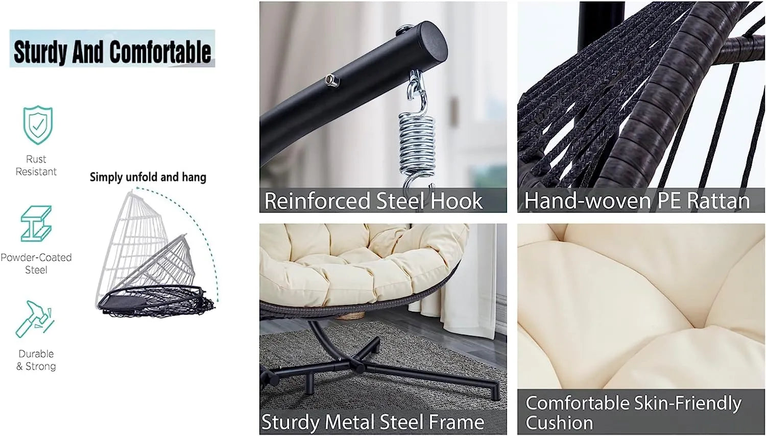 Hanging Egg Chair with Stand, 2 Person Heavy Duty Hanging Wicker Rattan Swing Chair Basket Hammock Nest Chair Seat for Indoor Outdoor Patio Lounger Swinging Loveseat (Beige)