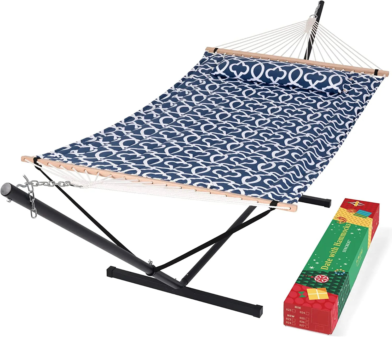 55 Inch Extra Large Double Hammock with Stand, 475lbs Capacity, Outdoor Portable Hammock with Hardwood Spreader Bar, Extra Large Pillow