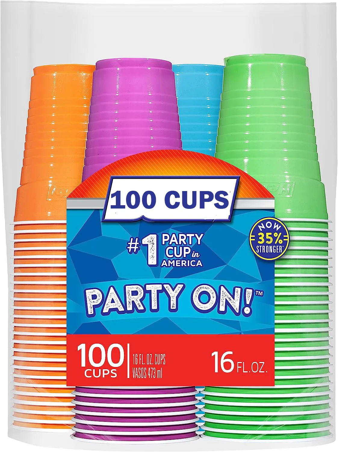 Hefty Party On Disposable Plastic Cups, Assorted, 16 Ounce, 100 Count